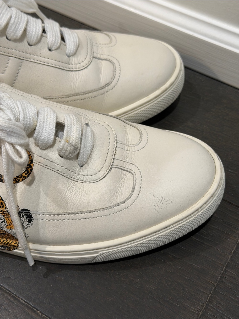 Hermes White Leather Sneakers with Leopard Motif and Black Heel - Picture 8 of 9